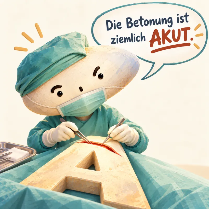 Eine Figur als Ärztin operiert ein großes A und sagt: Die Betonung ist ziemlich AKUT.