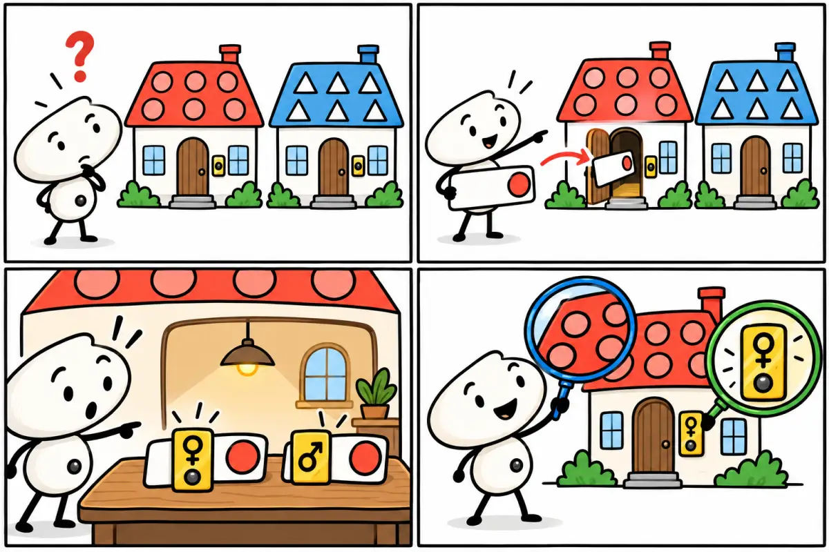 Vier Comicfelder: Ein Lernender sieht zwei Häuser mit verschiedenen Dachmustern und sichtbaren Klingeln. Eine Wortkarte passt zum Haus mit runden Dachzeichen. An dessen Tür entdeckt er überrascht verschiedene Klingelschilder. Schließlich betrachtet er Haus und Klingel getrennt.