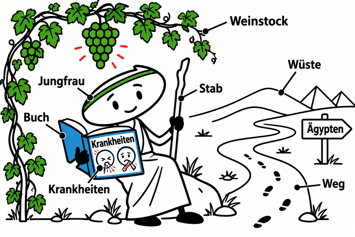 Die Jungfrau liest unter einem Weinstock; eine riesige Traube hängt über dem Buch. Der Stab steht daneben. Die Wüste und der Weg sind beschriftet, ein Schild zeigt nach Ägypten. Das Buch trägt den Titel Krankheiten.