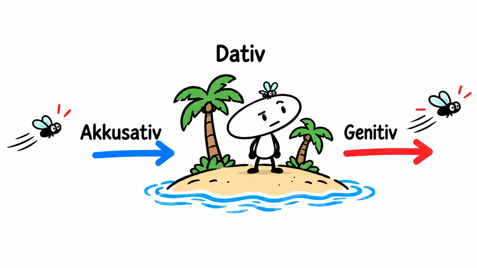 Das weiße Männchen steht auf der Insel. Darüber steht Dativ. Links fliegt eine Fliege zur Insel; ein blauer Pfeil und die Aufschrift Akkusativ zeigen nach rechts. Rechts fliegt eine Fliege von der Insel weg; ein roter Pfeil und die Aufschrift Genitiv zeigen nach rechts.