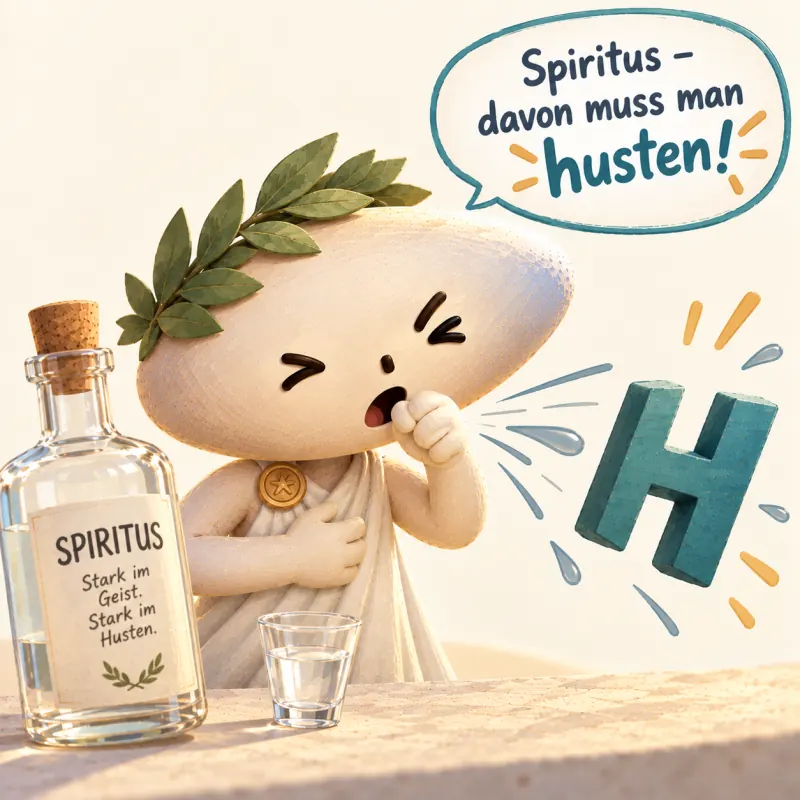 Eine Figur mit Lorbeerkranz trinkt Spiritus und hustet ein großes H aus. Sie sagt: Spiritus – davon muss man husten!