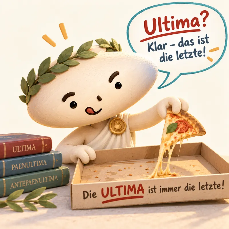 Eine Figur mit Lorbeerkranz nimmt das letzte Stück Pizza aus dem Karton. Sie sagt: Ultima? Klar – das ist die letzte! Auf dem Karton steht: Die ULTIMA ist immer die letzte!