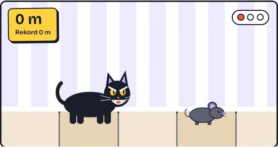 Eine schwarze Katze mit bösem Blick jagt eine graue Maus über den Holzboden. Oben links steht: 0 m.