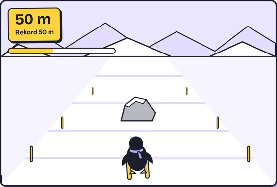 Ein Pinguin auf Skiern fährt von hinten gesehen die Piste hinunter. Vor ihm liegt ein Felsen auf der Piste. Oben links steht: 50 m.