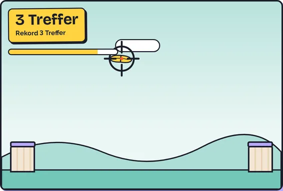 Eine gelbe Tontaube fliegt im Bogen über eine Wiese. Ein Fadenkreuz zielt auf sie. Oben links steht: 3 Treffer.