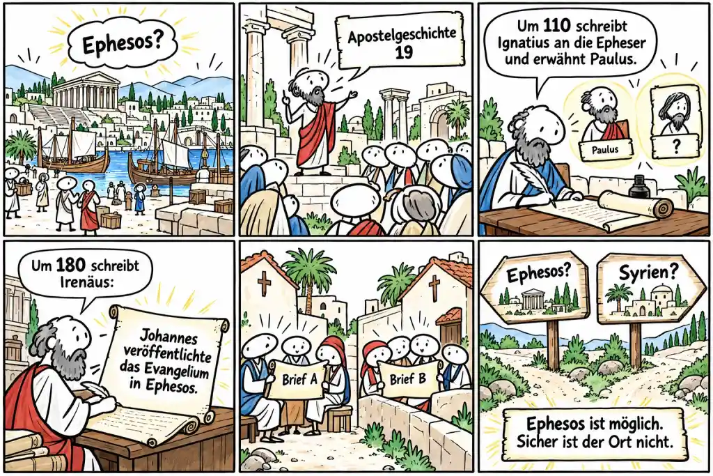 Sechs Comicfelder zeigen Ephesos als Möglichkeit, Paulus und Ignatius in frühen Texten, Irenäus um 180, verschiedene Gemeinden und die offene Frage: Ephesos oder Syrien?