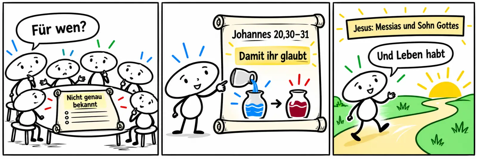 Erste Leserinnen und Leser sind nicht genau bekannt. Eine Schriftrolle mit Johannes 20,30–31 sagt: Damit ihr glaubt. Jesus heißt Messias und Sohn Gottes; ein Weg führt zu den Worten: Und Leben habt.