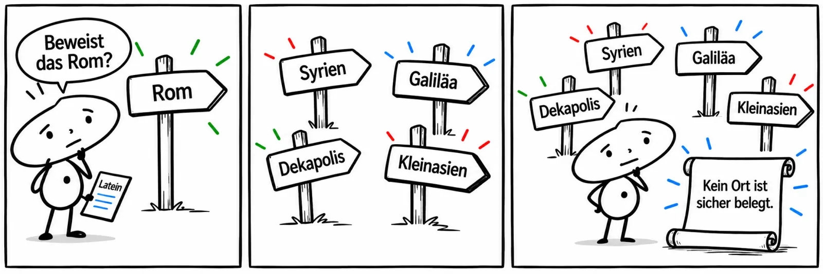 Die Lernfigur fragt, ob lateinische Wörter Rom beweisen. Wegweiser zeigen Rom, Syrien, Galiläa, Dekapolis und Kleinasien; ein Schriftband sagt, dass kein Ort sicher belegt ist.