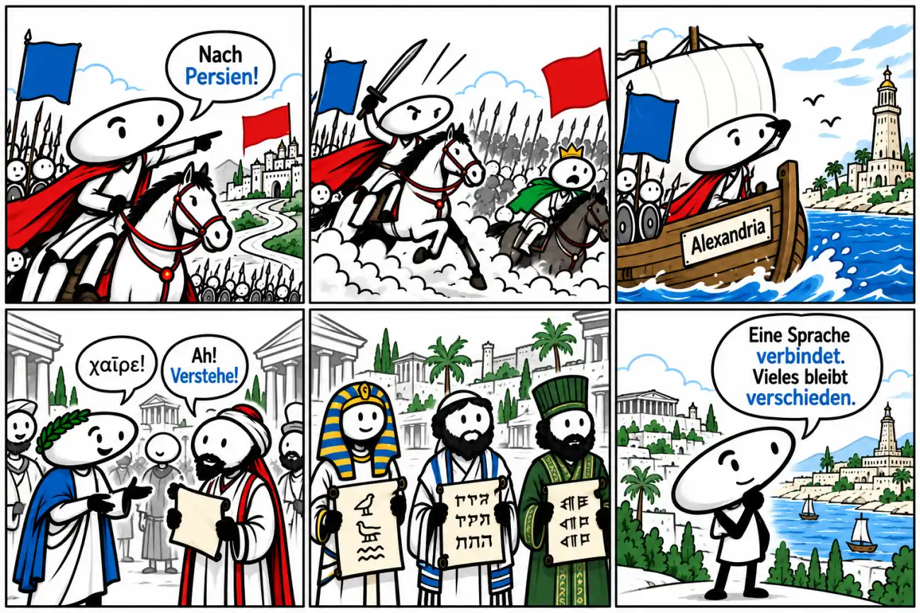 Sechs Comicfelder: Alexander zieht nach Persien und Ägypten. Später verständigen sich Menschen auf Griechisch. Menschen aus Ägypten, Judäa und Persien behalten zugleich eigene Bräuche und Schriften.