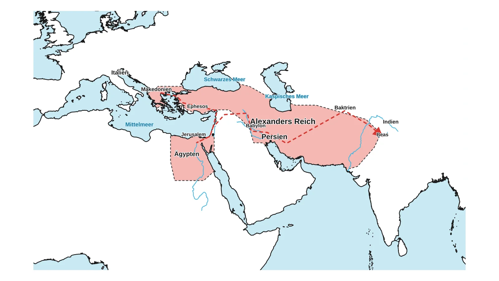 Karte von Alexanders Reich: Es reicht von Makedonien über Ägypten und Persien bis zum Fluss Beas im heutigen Nordwestindien. Italien ist markiert. Ein gestrichelter Weg zeigt den Feldzug nach Osten. Deutschland gehört nicht dazu. Der Artemis-Tempel in Ephesos steht nach dem Brand wieder.