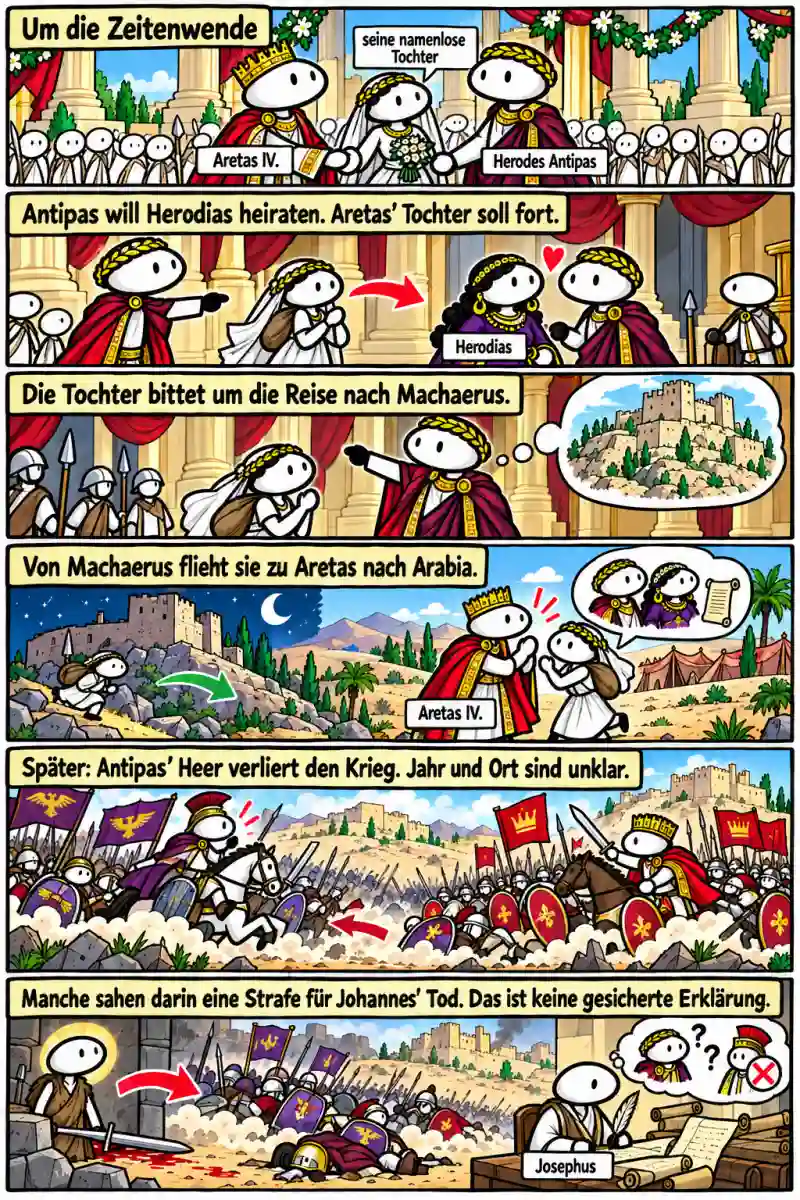 Sechs Stationen zeigen Aretas IV., seine namenlose Tochter, Herodes Antipas und Herodias; Antipas' Heiratsplan; die Bitte um eine Reise nach Machärus; die Flucht der Tochter zu Aretas nach Arabia; später Antipas' verlorenen Krieg ohne sicheres Jahr und Ort; und die unsichere Deutung, manche hätten darin eine Strafe für Johannes' Tod gesehen.