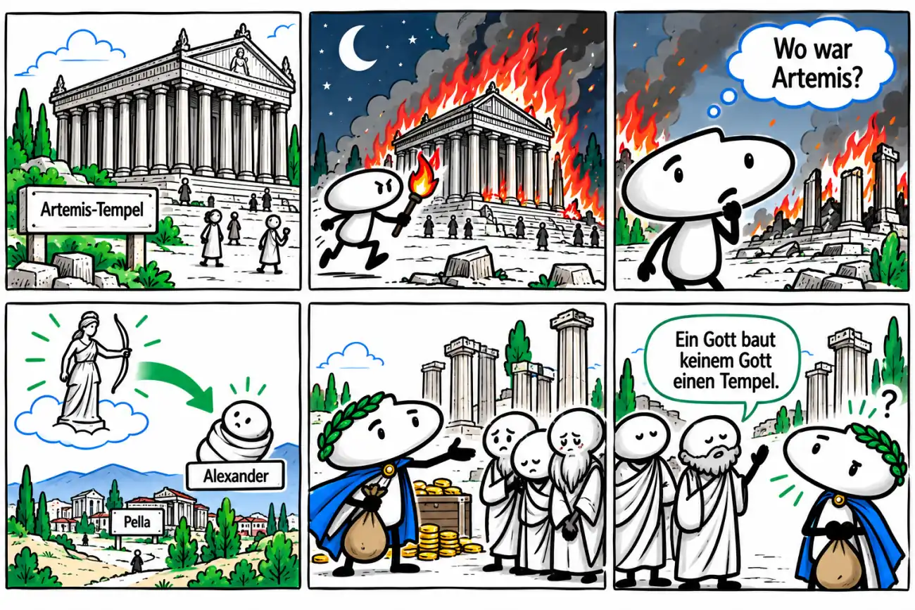 Sechs lebendige Comicfelder: Der Artemis-Tempel brennt. Ein ovalköpfiger Mann fragt, wo Artemis war. Die antike Erzählung setzt sie bei Alexanders Geburt ein. Später bietet Alexander Geld für den Tempel; die Epheser lehnen mit einer schmeichelnden Antwort ab.