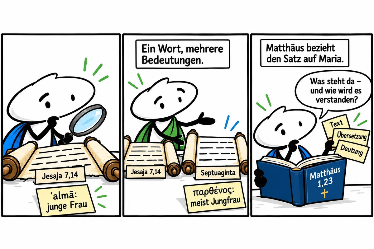 Drei Panels vergleichen ʿalmā in Jesaja 7,14 mit παρθένος in der Septuaginta und dem Bezug auf Maria in Matthäus 1,23. Die Denkfigur unterscheidet Text, Übersetzung und Deutung.