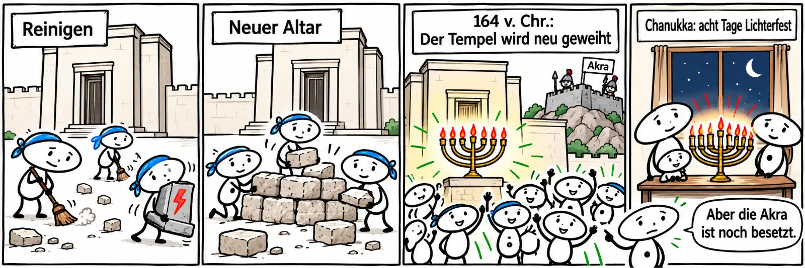 Vier Comicfelder: Menschen fegen den Vorhof und tragen das fremde Kultbild weg: Reinigen. Sie bauen aus groben Steinen einen neuen Altar: Neuer Altar. Vor dem Tempel jubeln viele, ein Leuchter mit sieben Armen brennt, ein Schild sagt: 164 v. Chr.: Der Tempel wird neu geweiht. Auf einem Hügel steht noch die besetzte Festung Akra. Heute steht in einem Fenster ein Leuchter mit neun Lichtern: Chanukka, acht Tage Lichterfest. Die kleine Figur sagt: Aber die Akra ist noch besetzt.