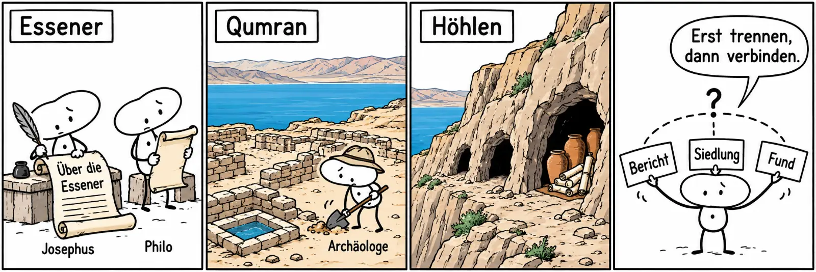 Vier Comicfelder: Essener: Die antiken Schreiber Josephus und Philo schreiben über die Essener. Qumran: Ein Archäologe gräbt Mauerreste einer kleinen Siedlung über dem Toten Meer aus. Höhlen: In einer Felswand stehen Tonkrüge mit Schriftrollen. Die kleine Figur hält drei Kärtchen, Bericht, Siedlung und Fund, verbunden durch einen gestrichelten Bogen mit Fragezeichen, und sagt: Erst trennen, dann verbinden.