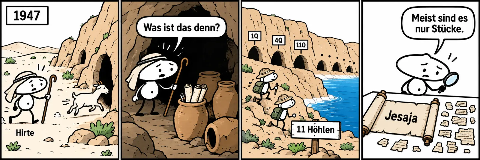 Vier Comicfelder: 1947 sucht ein Hirte in der Wüste eine Ziege, die auf eine Felswand mit Höhlen zuläuft. Der Hirte blickt in eine Höhle mit Tonkrügen voller Schriftrollen: Was ist das denn? Archäologen klettern zu vielen Höhlen über dem Toten Meer, Schilder 1Q, 4Q und 11Q, dazu 11 Höhlen. Auf einem Tisch liegen eine lange Jesajarolle und viele kleine Schnipsel, die kleine Figur sagt mit Lupe: Meist sind es nur Stücke.