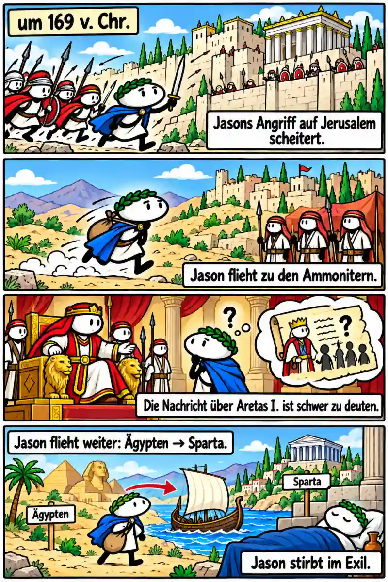 Vier datierte Comicstationen zeigen um 169 v. Chr. Jasons gescheiterten Angriff auf Jerusalem, seine Flucht zu den Ammonitern, die schwer zu deutende Nachricht über Aretas I. und Jasons weitere Flucht über Ägypten nach Sparta, wo er im Exil stirbt.