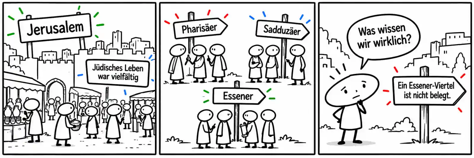 Drei Comicfelder zeigen Jerusalem und den Tempel, verschiedene Menschen zusammen, Wegweiser zu Pharisäern, Sadduzäern und Essenern sowie eine Frage nach dem, was die Quellen wissen lassen. Ein Schild sagt: Ein Essener-Viertel ist nicht belegt.