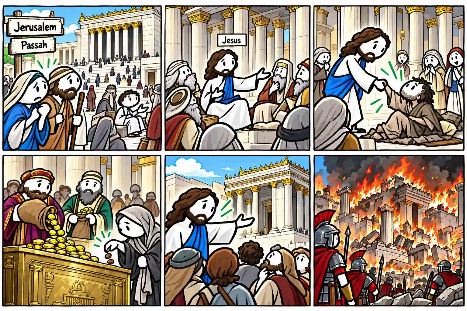 Sechs Comicfelder zeigen Jesus mit zwölf Jahren im Tempel, Jesu Lehre und Heilung dort, die arme Witwe mit zwei Münzen, Jesu Ankündigung der Zerstörung und die Zerstörung des Zweiten Tempels 70 n. Chr. Die Jahre der erwachsenen Jesus-Szenen sind nicht angegeben.