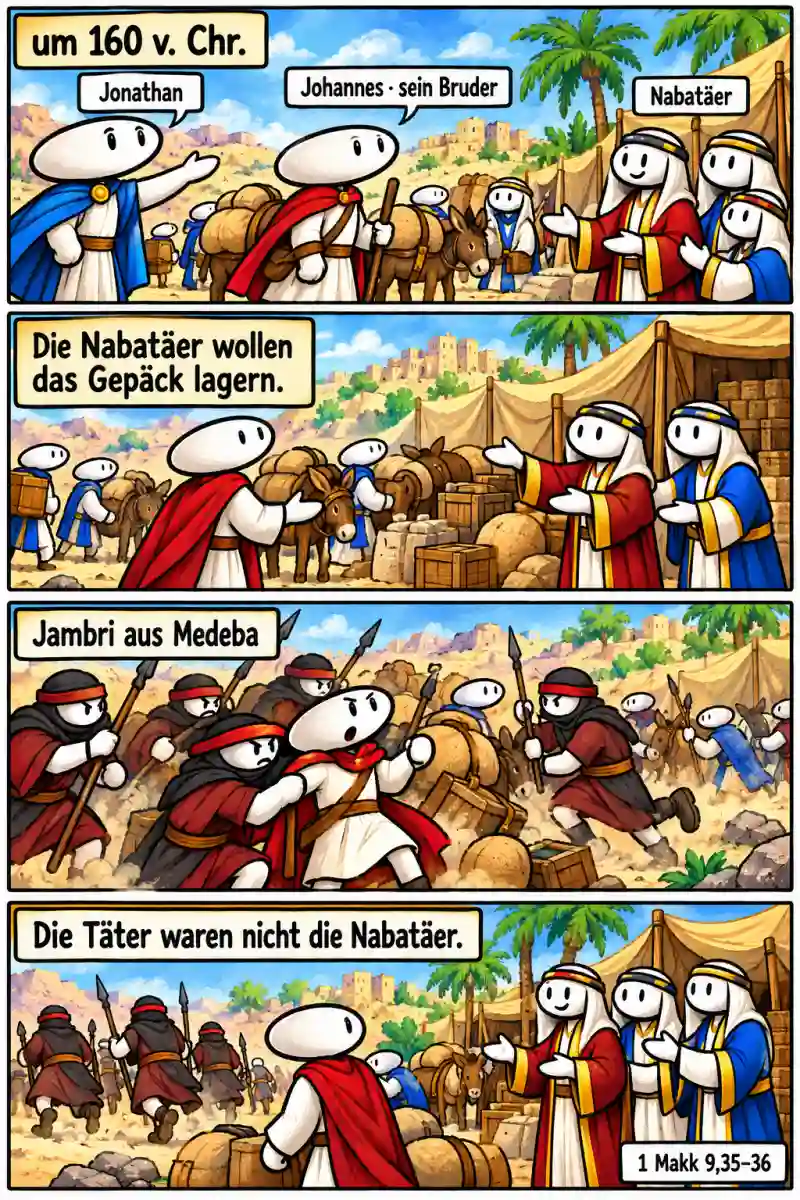Vier datierte Comicstationen zeigen um 160 v. Chr., wie Jonathan seinen Bruder Johannes zu den Nabatäern schickt, damit diese das Gepäck lagern. Jambri aus Medeba überfallen Johannes und den Zug. Das letzte Bild stellt klar: Die Täter waren nicht die Nabatäer.