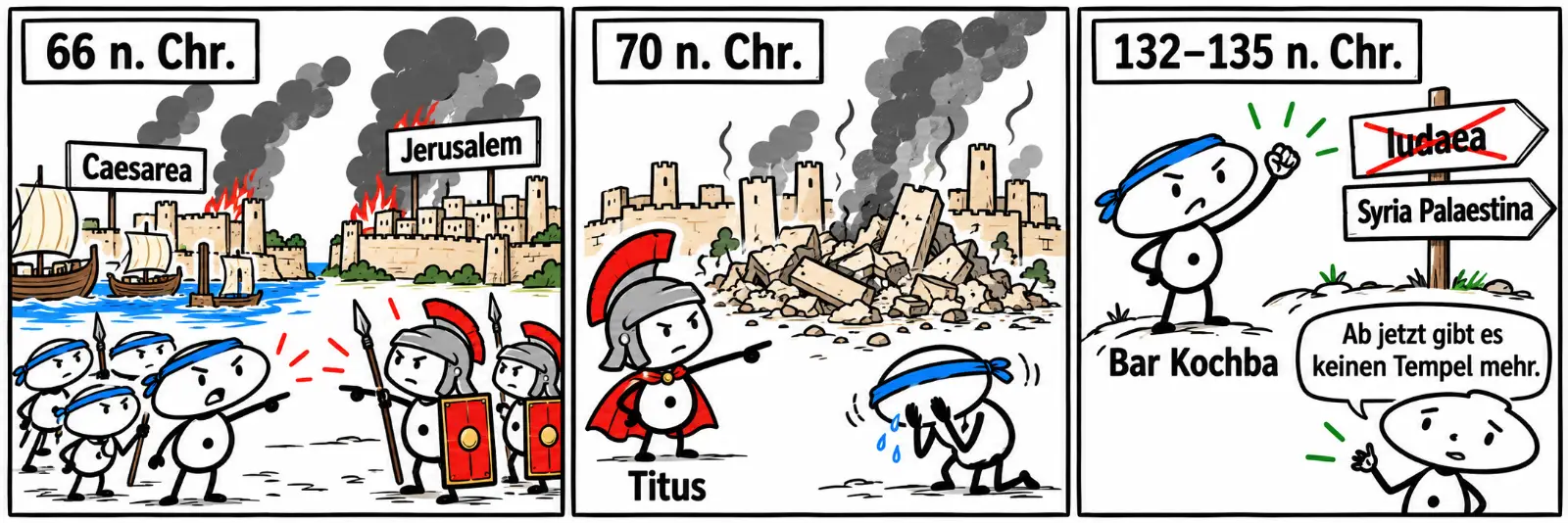 Drei Comicfelder: 66 n. Chr. steigt in Caesarea und Jerusalem Rauch auf, Menschen stehen gegen eine Reihe römischer Helme. 70 n. Chr. steht der Feldherr Titus vor Jerusalem, der Tempel ist eingestürzt, eine Figur weint. 132 bis 135 n. Chr. kämpft Bar Kochba vergeblich, auf einem Wegweiser ist Iudaea durchgestrichen und durch Syria Palaestina ersetzt. Die kleine Figur sagt: Ab jetzt gibt es keinen Tempel mehr.