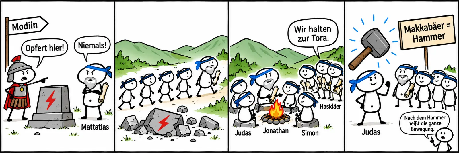 Vier Comicfelder: In Modiin verlangt ein Beamter: Opfert hier! Der Priester Mattatias verschränkt die Arme: Niemals! Der fremde Altar liegt in Stücken, Mattatias läuft mit seinen Söhnen in die Berge. Am Lagerfeuer sitzen Mattatias und die Söhne Judas, Jonathan und Simon, Hasidäer kommen dazu und sagen: Wir halten zur Tora. Judas steht vorn, über ihm ein Hammer, ein Schild sagt: Makkabäer = Hammer. Die kleine Figur sagt: Nach dem Hammer heißt die ganze Bewegung.