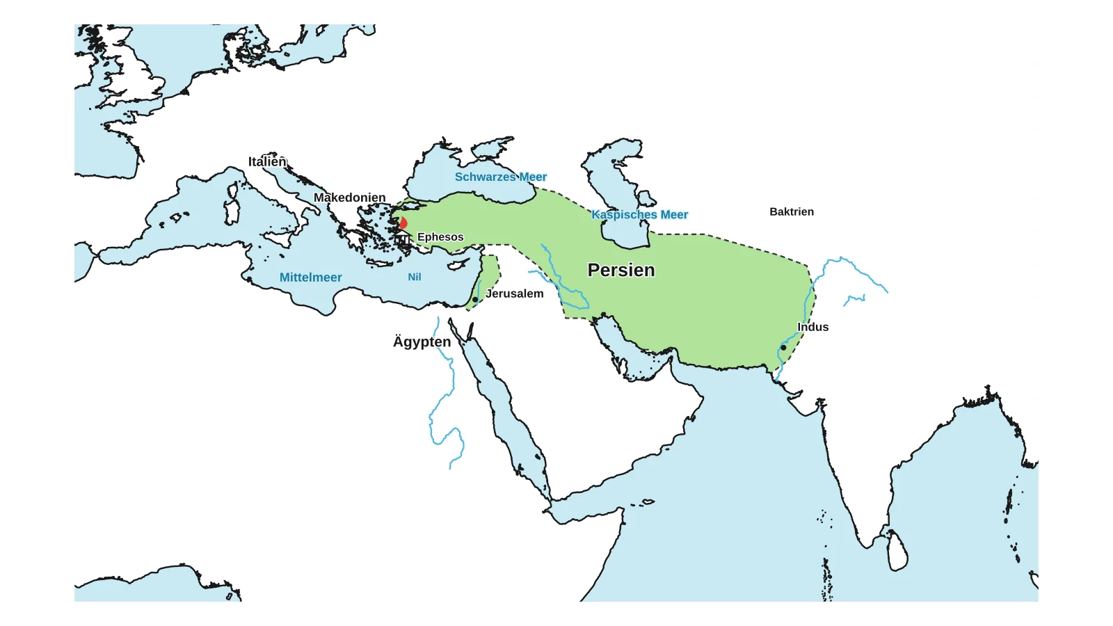Karte von 356 v. Chr.: Judäa gehört zum Perserreich, Ägypten ist unabhängig. Italien ist markiert. Der Artemis-Tempel in Ephesos brennt.