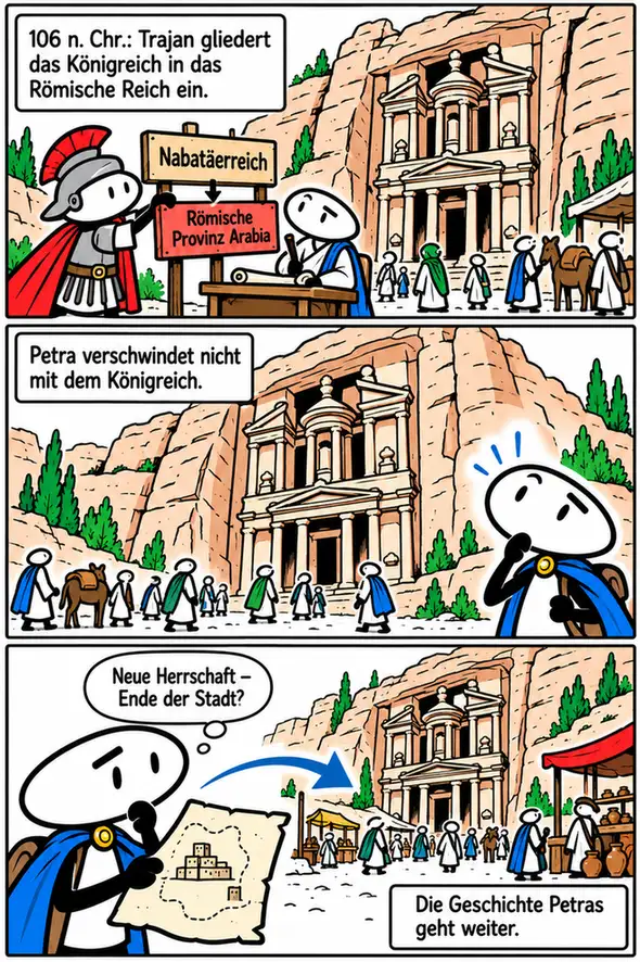 Drei Stationen zeigen die Eingliederung des Nabatäerreichs unter Trajan 106 n. Chr. und Petra unter römischer Herrschaft. Die Felsfassade bleibt stehen. Die Geschichte der Stadt geht weiter.