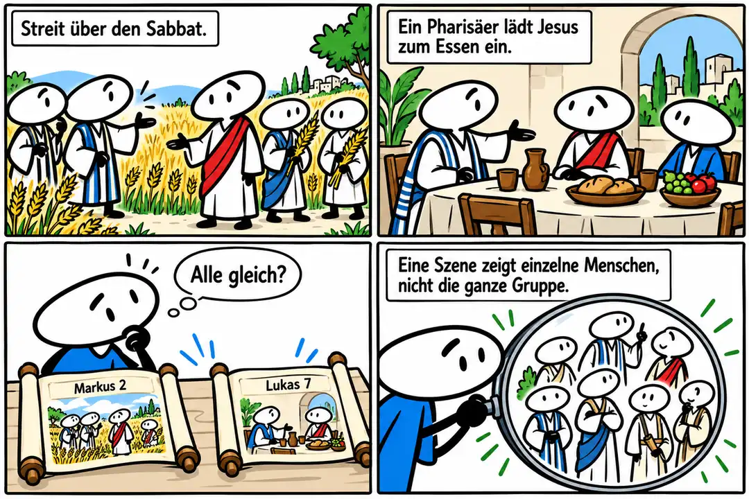 Vier Panels vergleichen den Sabbatstreit in Markus 2 mit der Einladung zum Essen in Lukas 7. Eine lesende Figur fragt: Alle gleich? Einzelne Szenen zeigen nicht die ganze Gruppe.