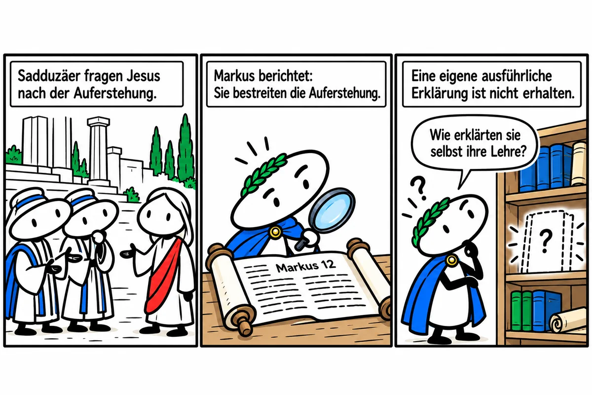 Drei Panels zeigen das Gespräch mit Sadduzäern in Markus 12, die berichtete Ablehnung der Auferstehung und die Frage nach ihrer eigenen Erklärung. Eine ausführliche Selbstdarstellung ihrer Lehre ist nicht erhalten.