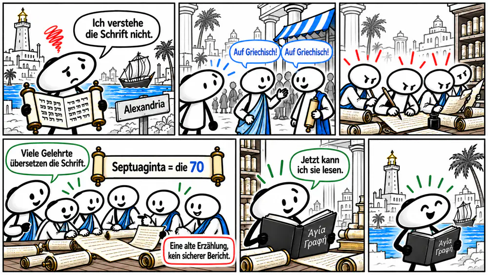 Sechs Comicfelder: In Alexandria wird eine Schrift auf Griechisch übersetzt. Eine alte Erzählung zeigt viele Gelehrte. Auf der Schriftrolle steht: Septuaginta heißt die 70. Die Figur sagt, dass es eine alte Erzählung und kein sicherer Bericht ist.