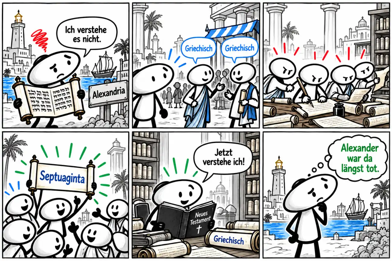 Sechs Comicfelder: In Alexandria versteht ein Mann eine hebräische Schriftrolle nicht. Übersetzer schreiben sie auf Griechisch. Viel später liest ein Mann die griechische Schrift neben dem Neuen Testament und erinnert daran, dass Alexander längst tot war.