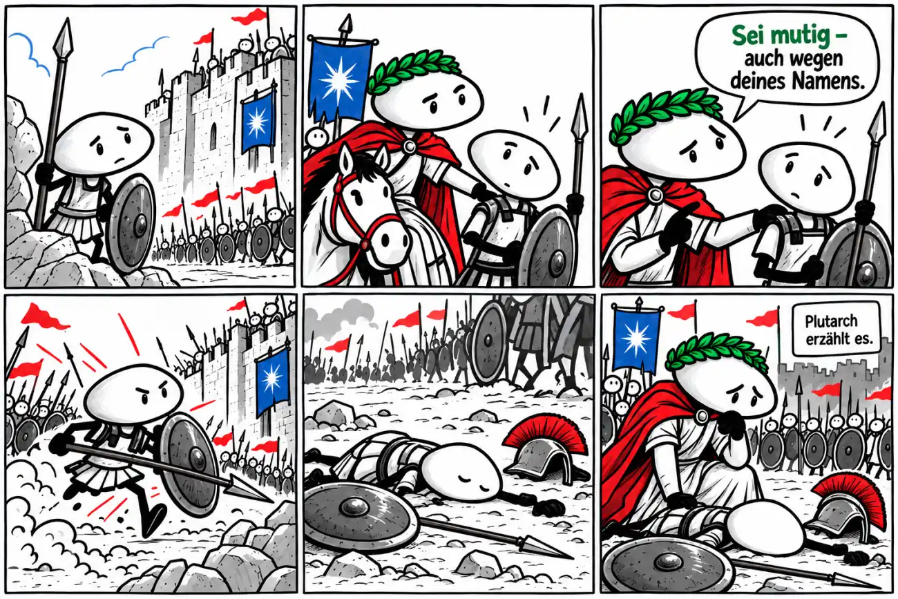 Sechs spannende Comicfelder mit breiten ovalen Gesichtern: Ein Soldat Alexander zögert. Der König Alexander ermutigt ihn. Der Soldat greift an, fällt im Kampf, und der König trauert.