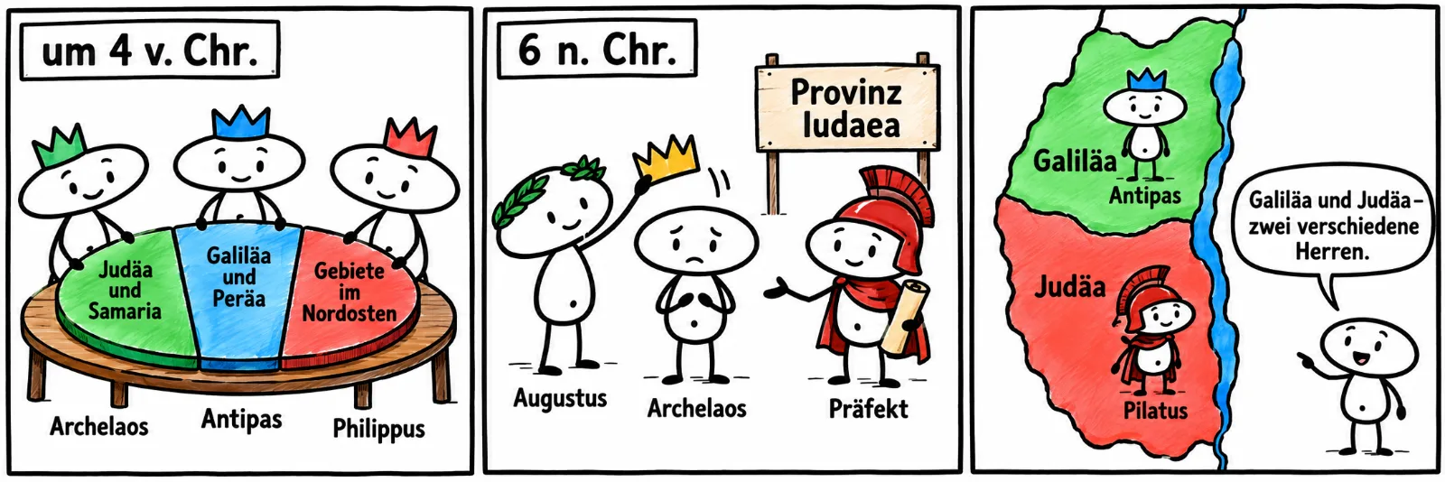 Drei Comicfelder: Um 4 v. Chr. wird eine Landkarte wie ein Kuchen in drei Stücke geteilt: Archelaos nimmt Judäa und Samaria, Antipas Galiläa und Peräa, Philippus die Gebiete im Nordosten. 6 n. Chr. nimmt Kaiser Augustus Archelaos die Krone ab und setzt einen römischen Präfekten ein: Provinz Iudaea. Auf einer Karte herrscht in Galiläa Antipas, in Judäa Pilatus. Die kleine Figur sagt: Galiläa und Judäa – zwei verschiedene Herren.