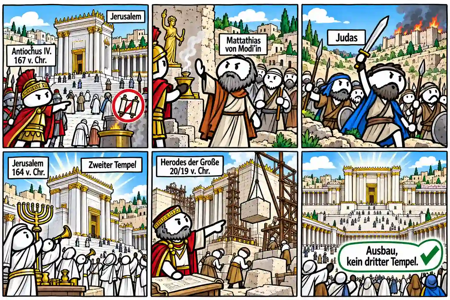 Sechs Comicfelder führen von Antiochos IV. und den Einschränkungen am Jerusalemer Tempel 167 v. Chr. über Mattatias und Judas zur Tempelweihe 164 v. Chr. Herodes der Große erweitert den Zweiten Tempel ab etwa 20/19 v. Chr.; es entsteht kein dritter Tempel.