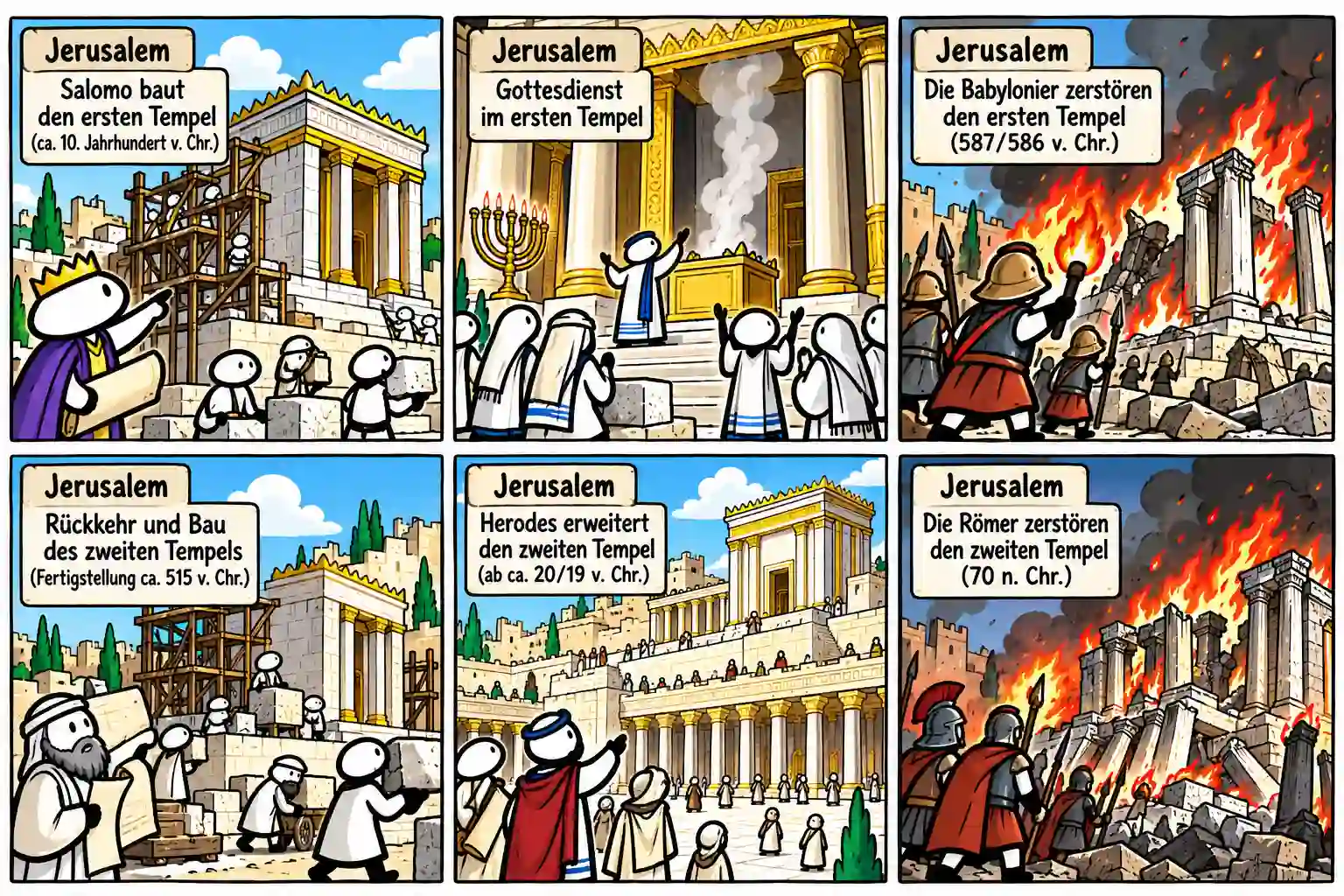 Sechs Comicfelder zeigen Salomo beim Bau des Ersten Tempels in Jerusalem, die Zerstörung durch Babylon 587/586 v. Chr., die Rückkehr und den Wiederaufbau. Der Zweite Tempel wird um 515 v. Chr. fertig; Herodes erweitert ihn ab etwa 20/19 v. Chr.; die Römer zerstören ihn 70 n. Chr.