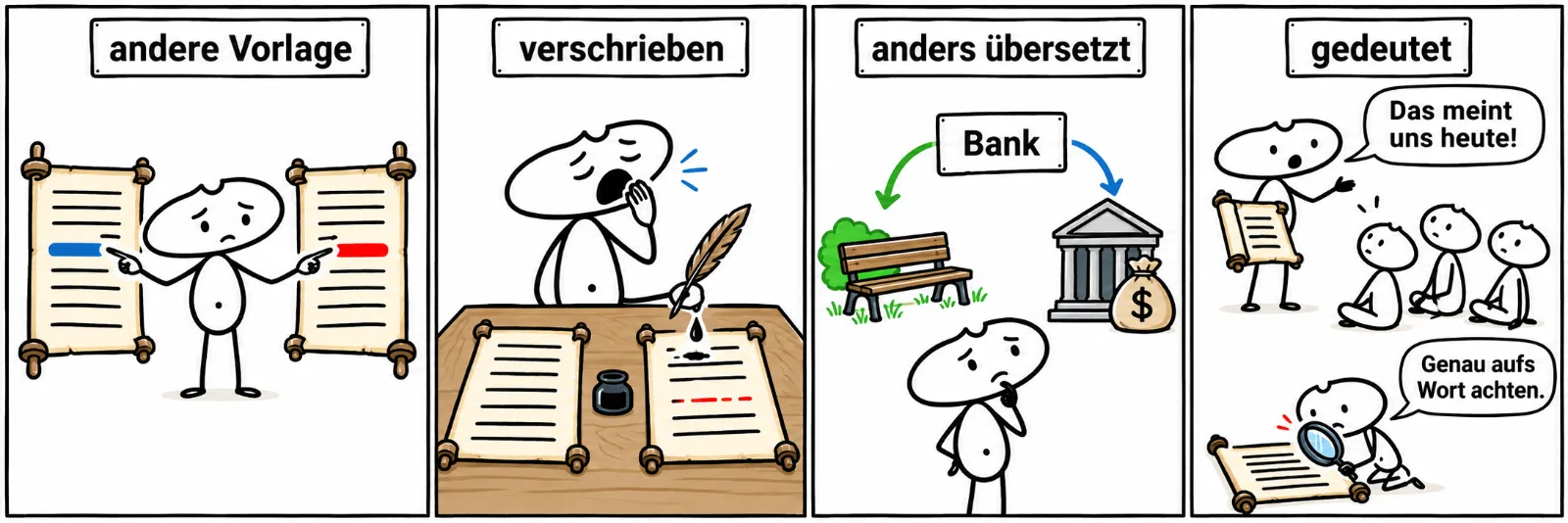 Vier Comicfelder: andere Vorlage: Eine Figur zeigt auf zwei Rollen, an derselben Stelle steht einmal ein blaues, einmal ein rotes Wort. verschrieben: Ein müder Schreiber gähnt, ein Tintenklecks fällt, in der Abschrift fehlt ein Stück. anders übersetzt: Das Wort Bank führt zu einer Parkbank und zu einem Bankgebäude. gedeutet: Ein Lehrer sagt zu einer Gruppe: Das meint uns heute! Die kleine Figur hält eine Lupe über eine Zeile: Genau aufs Wort achten.